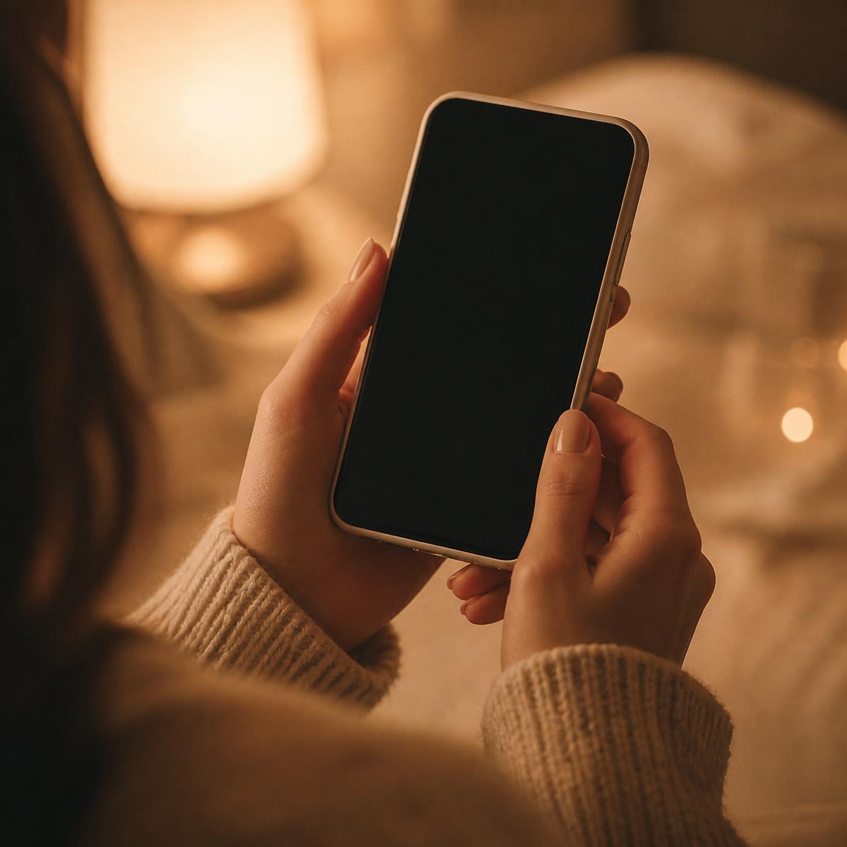 A woman holding her phone in warm lamplight in the evening